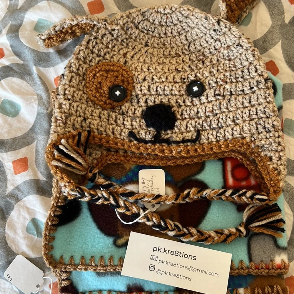 Handmade Crochet Dog hat and Dogs in costume fleece lovey